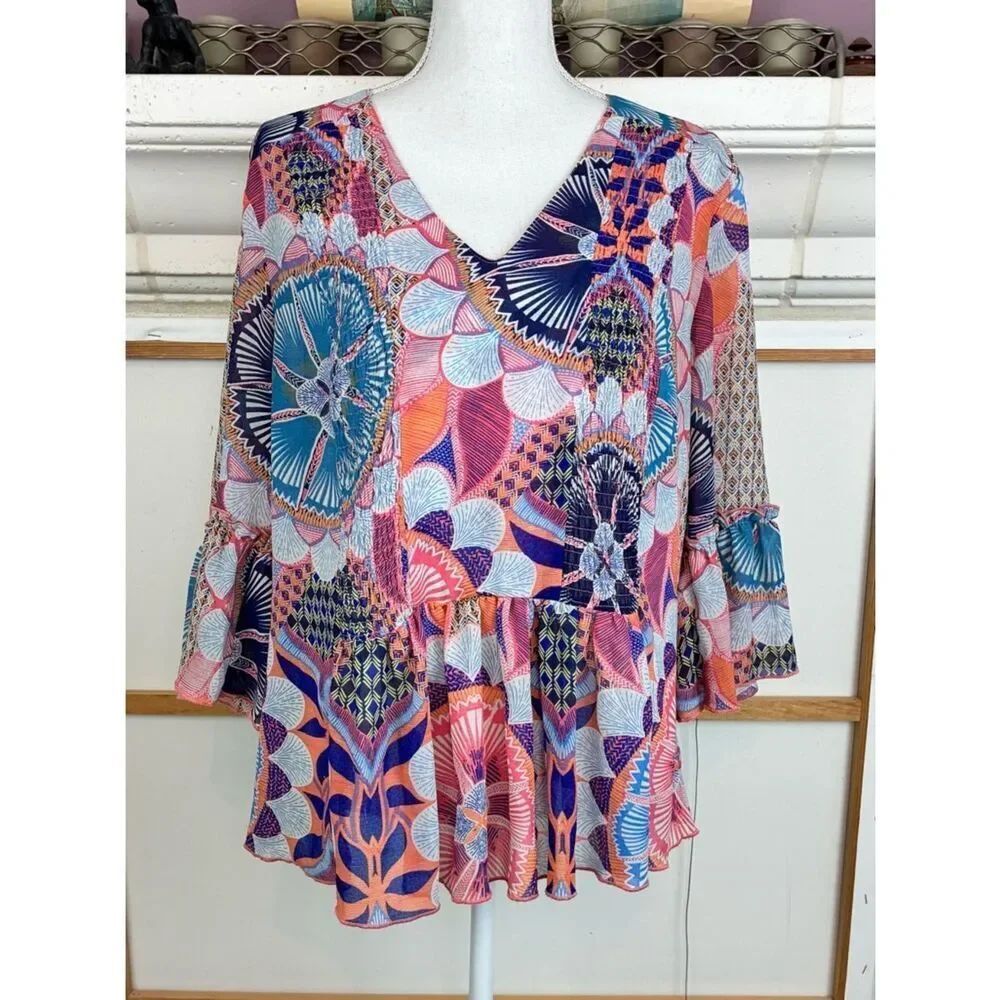 Vintage America Multicolor Exotic Floral V-Neck Peplum Blouse